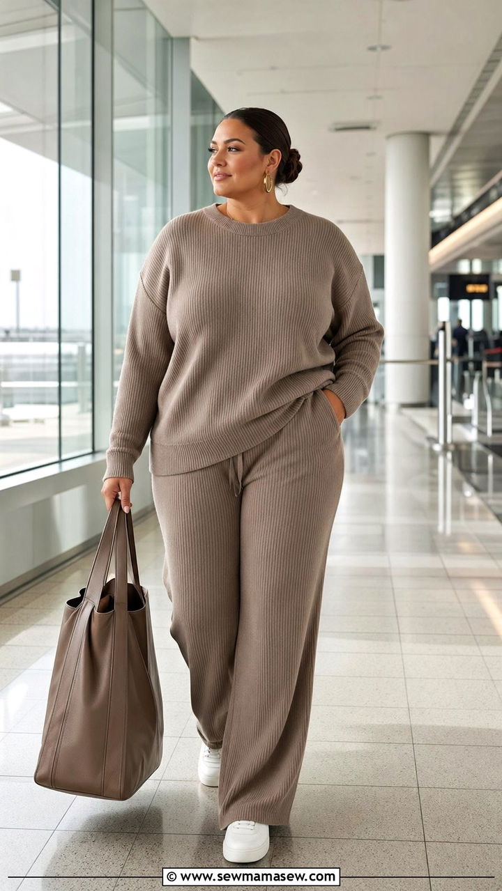 Matching Knit Lounge Set with Oversized Tote and Sneakers - 35 outfit ideas for plus size women