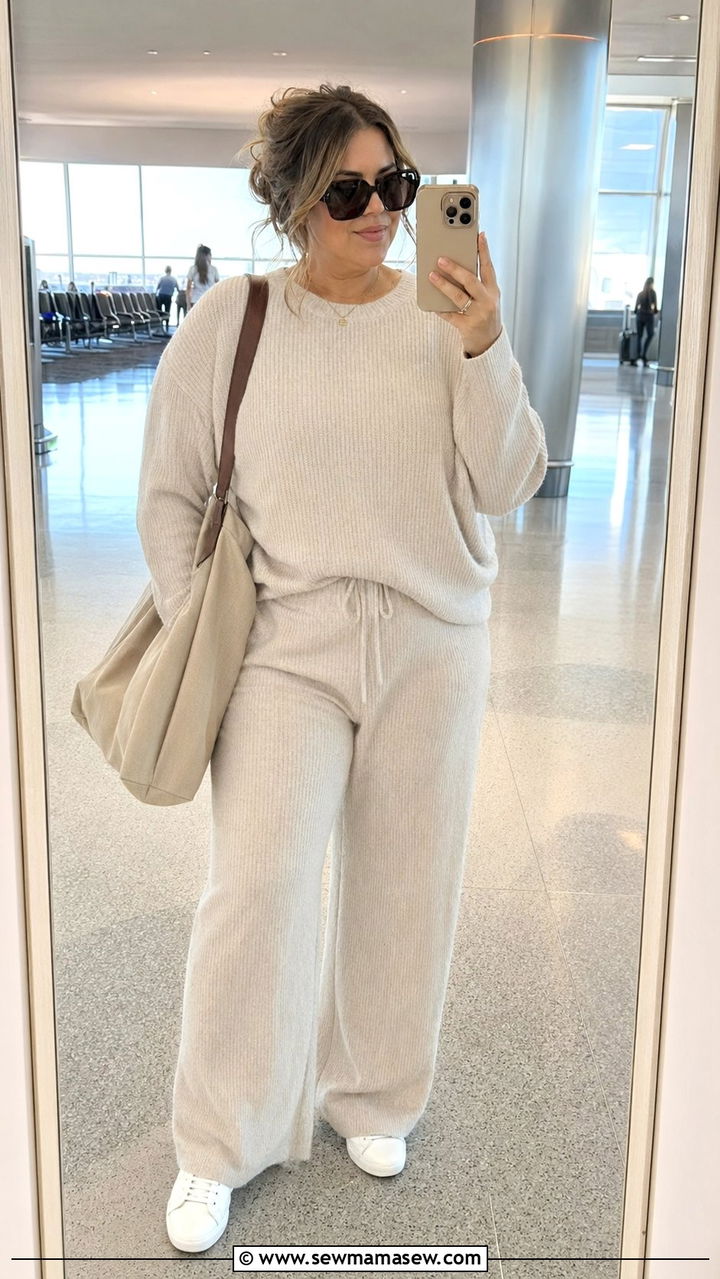 Matching Knit Lounge Set with Oversized Tote - 35 Plus size mom outfit ideas