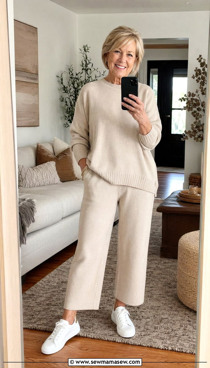 Matching Knit Lounge Set with White Sneakers - 35 Petite outfit ideas for women over 60
