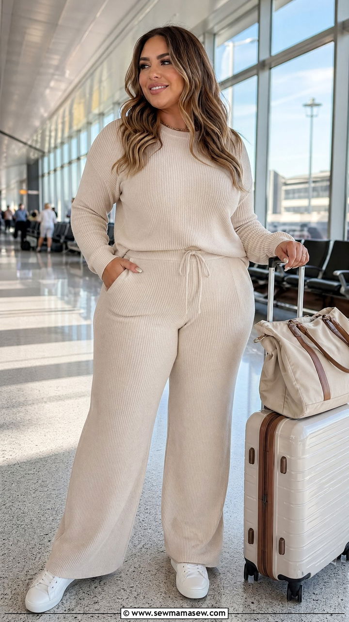 Matching Knit Lounge Set with White Sneakers - 35 Travel outfits for curvy women