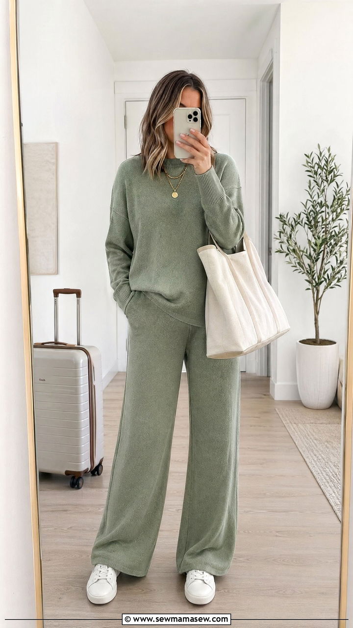 Matching Knit Lounge Set with White Sneakers and a Tote - 35 spring casual chic outfit ideas