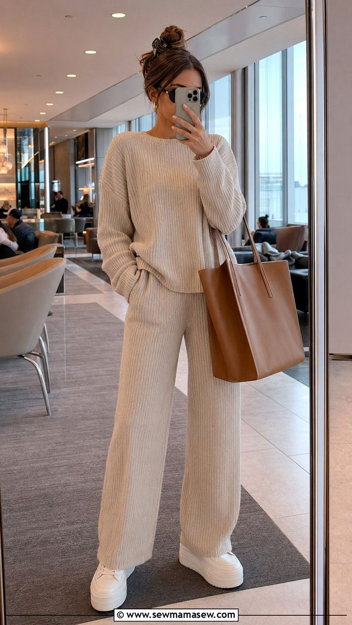 Matching Knit Set With Wide Leg Pants Airport Outfit - 30 Airport outfit ideas with wide leg pants