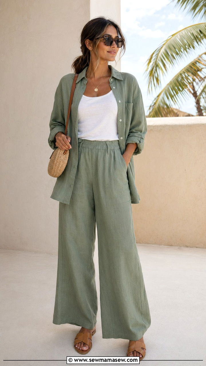 Matching Linen Button Up Shirt And Wide Leg Pants Set - 30 Wide leg pants outfit ideas for summer