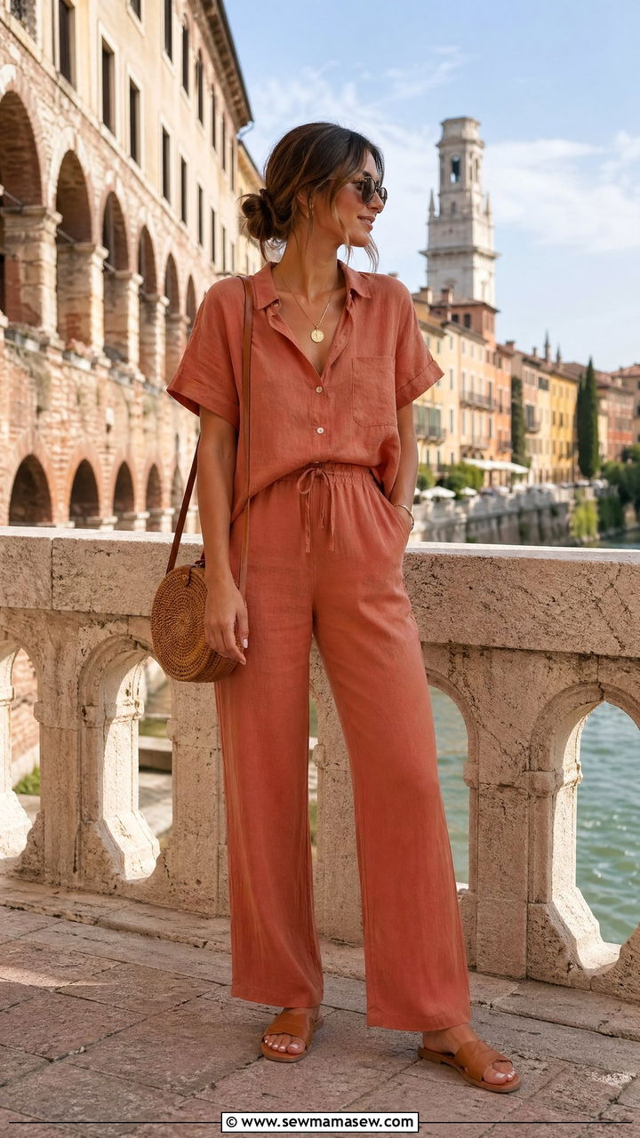 Matching Linen Co Ord Set With Flat Leather Sandals and Rattan Bag - 35 summer italy vacation outfit ideas