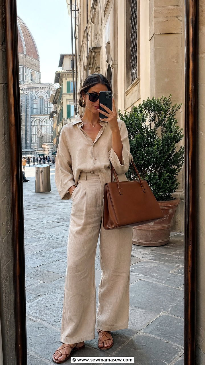 Matching Linen Co Ord Set and Strappy Flats - 35 Tuscany vacation outfit ideas