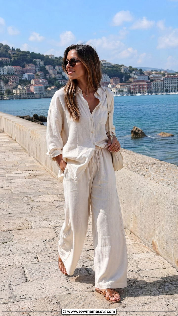 Matching Linen Set And Slide Sandals - 35 spring everyday outfit ideas