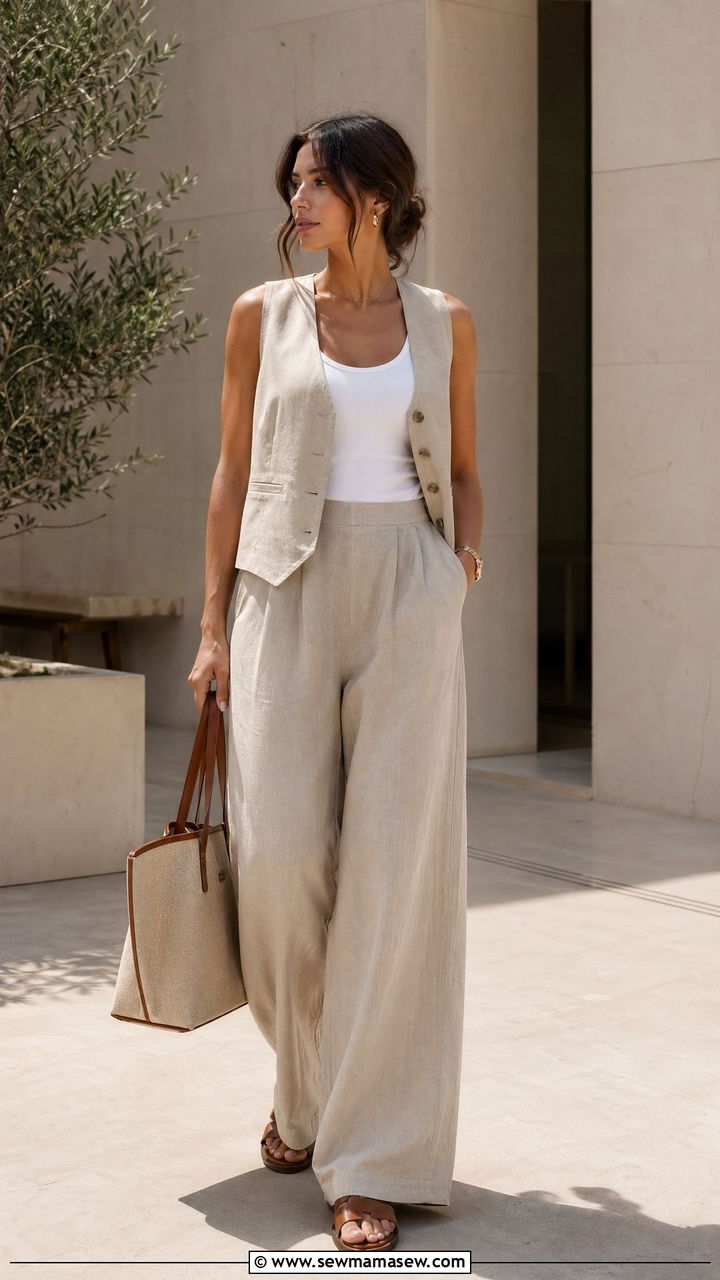 Matching Linen Vest and Wide Leg Pants - 35 Summer vacation outfits