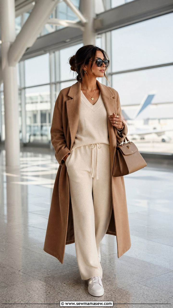 Matching Lounge Set With Long Coat And Sneakers - 35 Comfortable airport outfits