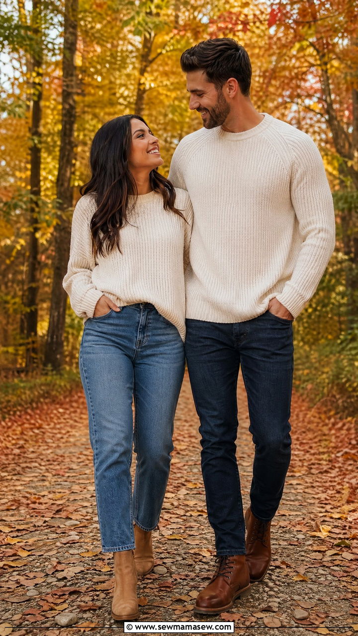 Matching Neutral Knit Sweaters and Jeans Fall Couple Outfit - 35 Couples photoshoot outfit ideas