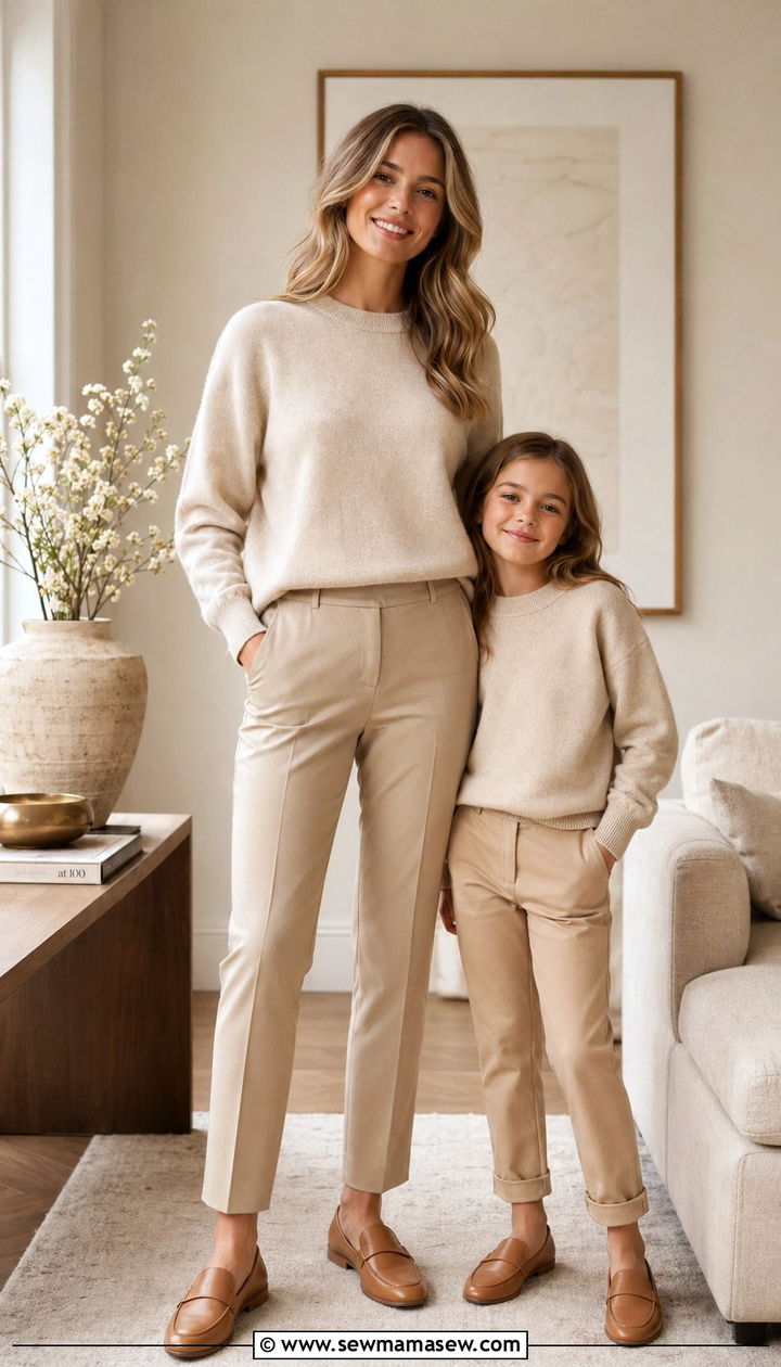 Matching Oatmeal Sweater and Beige Pants - 35 Mother's Day matching set outfit ideas