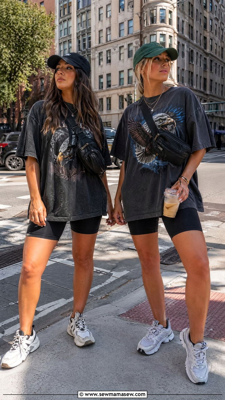 Matching Oversized Tee And Biker Short Sets - 35 Summer matching outfits for sisters