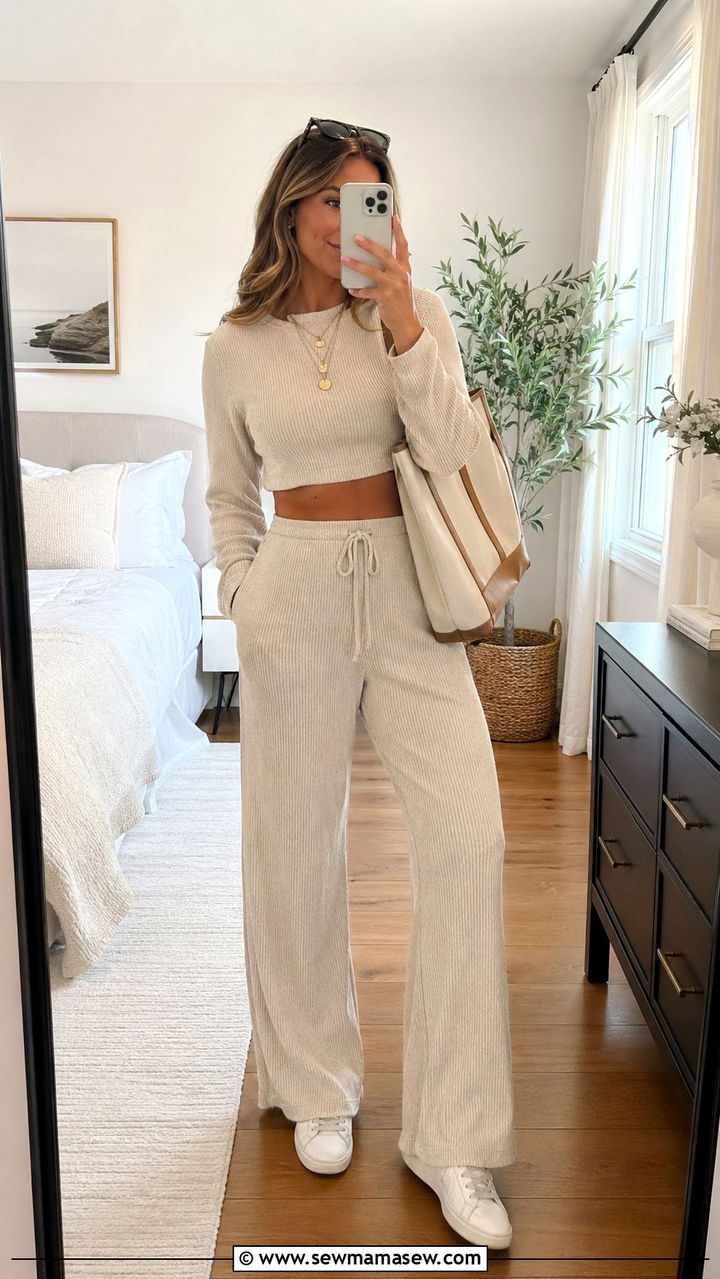 Matching Ribbed Knit Lounge Set with Sneakers - 30 spring athleisure outfit ideas