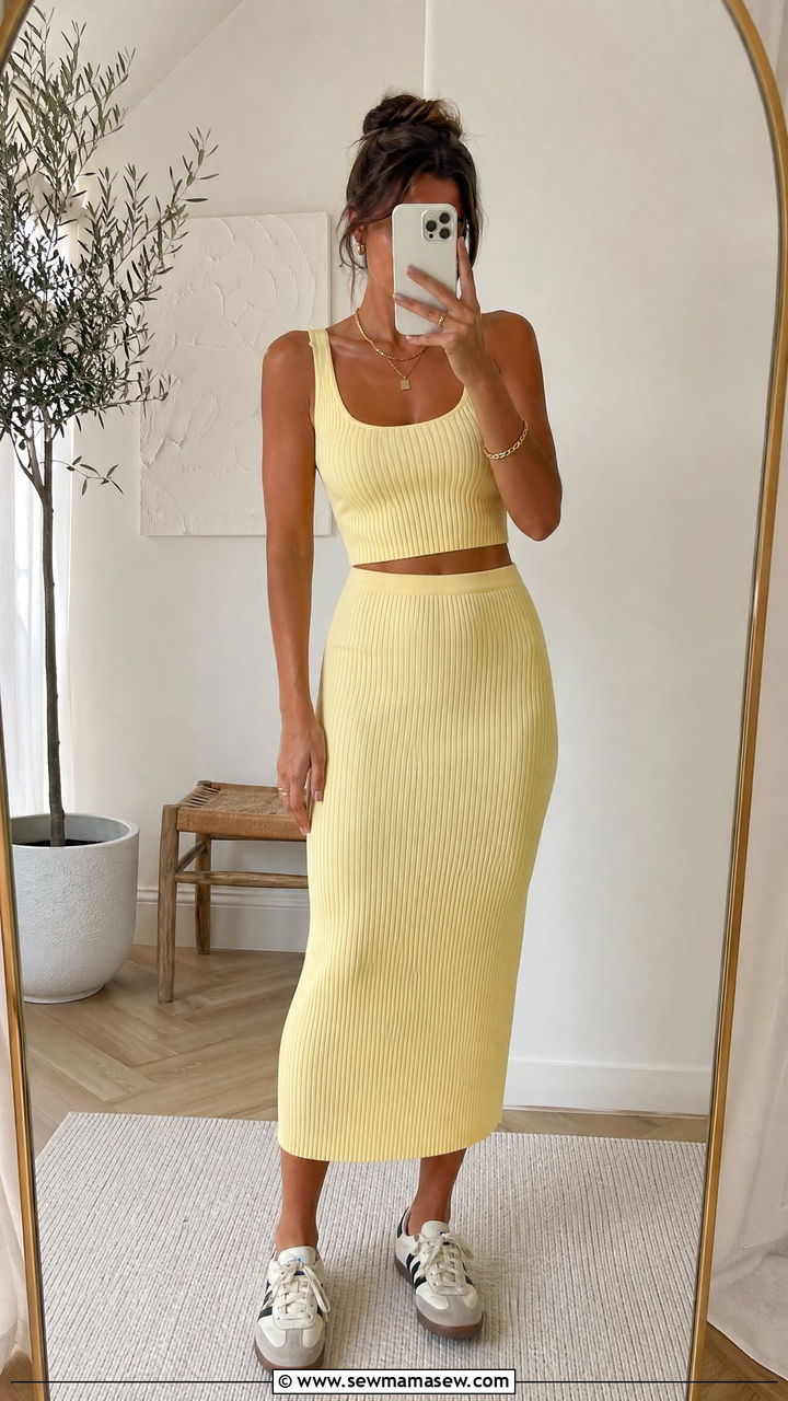 Matching Ribbed Knit Two Piece Set with Retro Sneakers - 35 summer sporty chic outfit ideas
