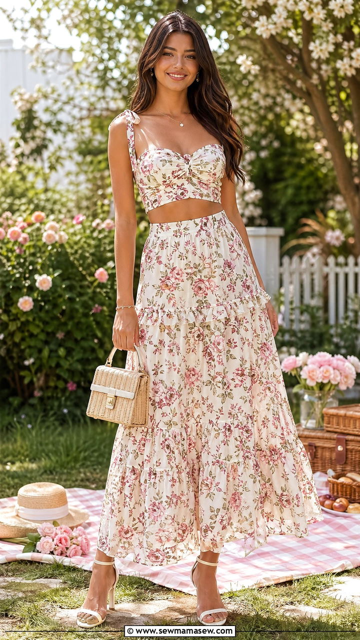 Matching Skirt Set with Heeled Sandals - 35 What to wear for a spring picnic