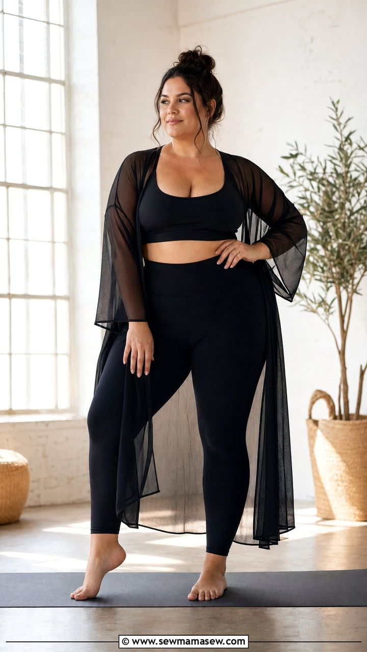 Matching Sports Bra And Leggings With Sheer Cover Up - 35 Plus size workout outfit ideas