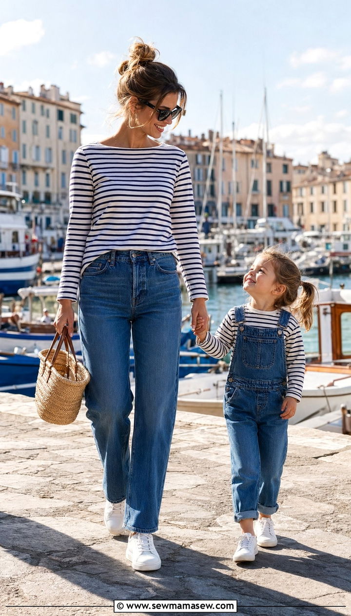 Matching Striped Long Sleeve Tee and Jeans - 35 Mother's Day matching set outfit ideas