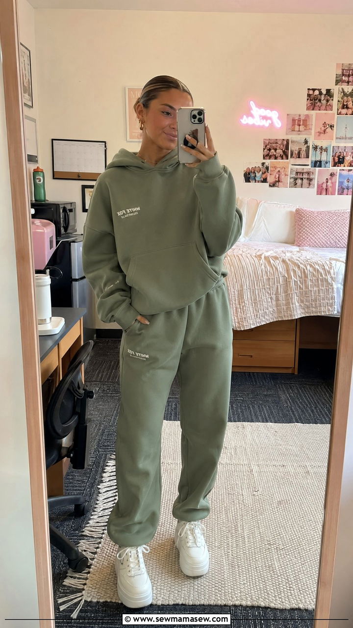 Matching Sweatsuit Set with Chunky Sneakers - 35 Cute college outfit ideas