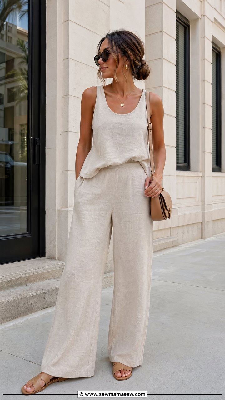 Matching Tank Top and Wide Leg Pants Set With Slides - 35 summer tank top outfit ideas