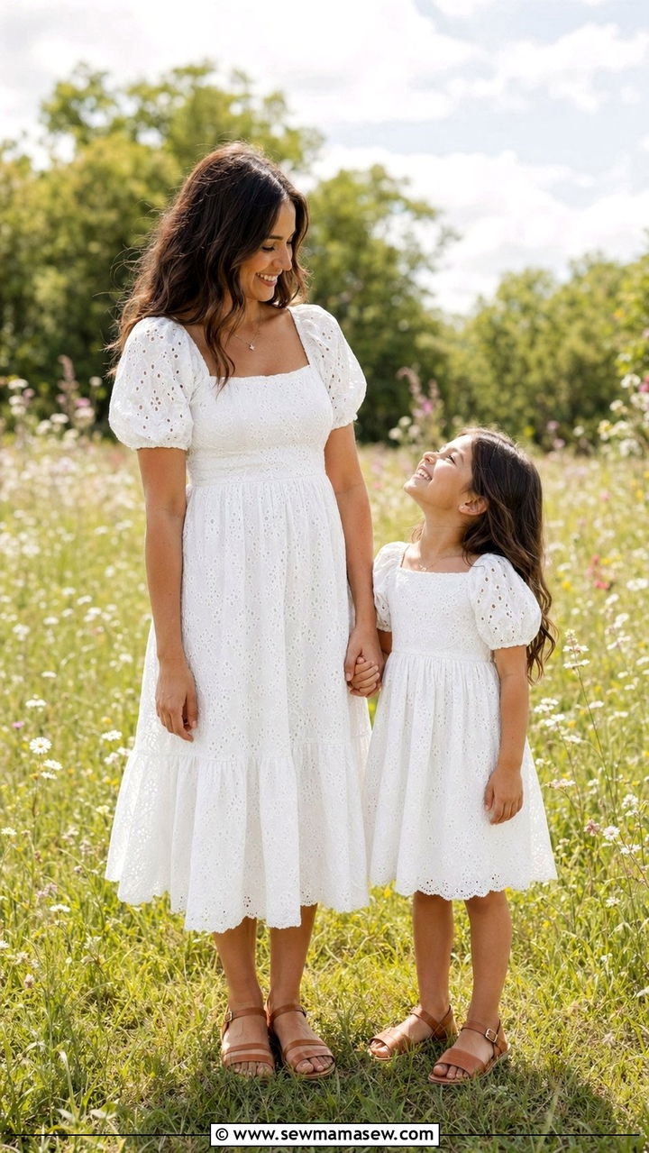 Matching White Eyelet Dress and Sandals - 35 Mother's Day matching set outfit ideas