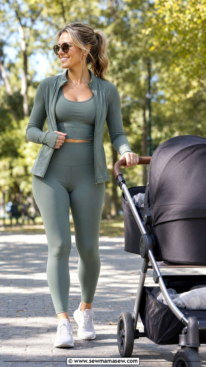 Matching Workout Set With Zip Jacket and Sneakers - 35 Postpartum outfit ideas