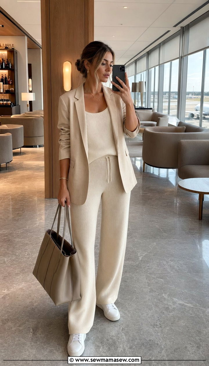 Matching knit co ord with tailored blazer - 30 Airport outfit ideas with a blazer