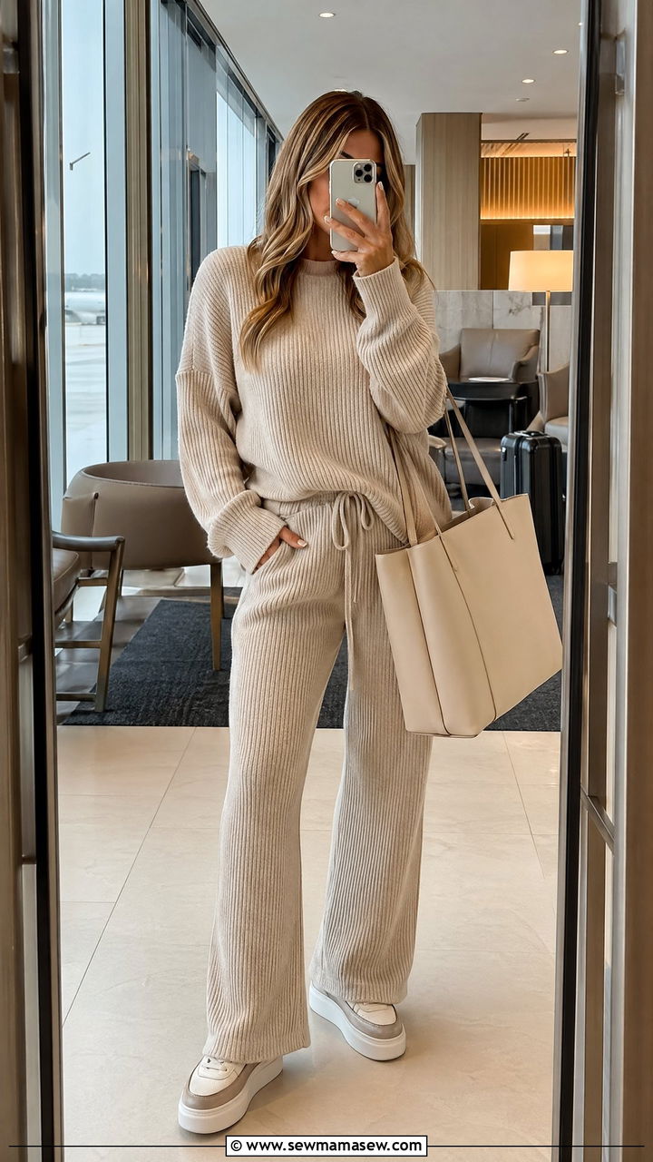 Matching knit lounge set airport outfit - 35 chic airport outfits for women