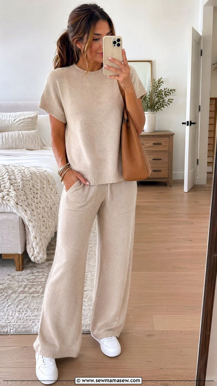 Matching knit lounge set with clean white sneakers - 35 Streetwear spring outfits
