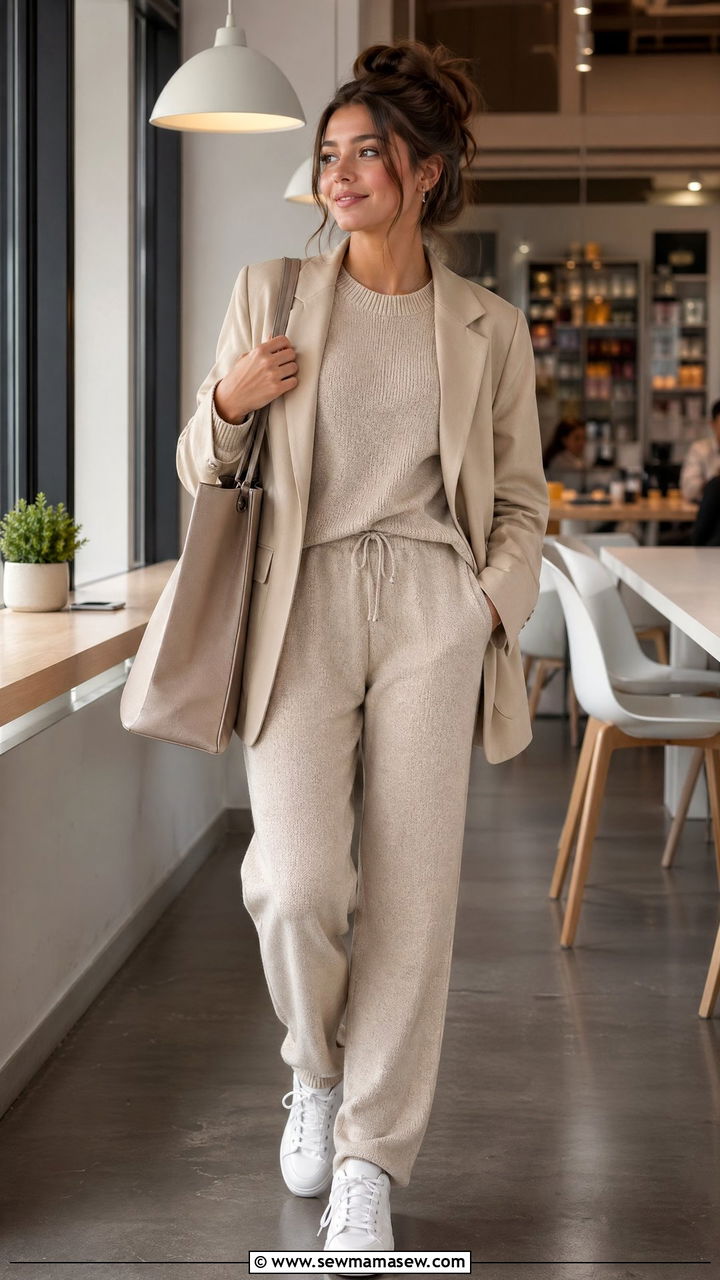 Matching knit lounge set with oversized blazer and sneakers - 35 Spring outfits for teenage girls