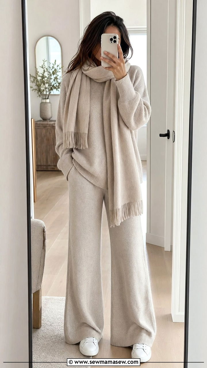 Matching knit lounge set with oversized scarf - 30 windy day outfits inspo
