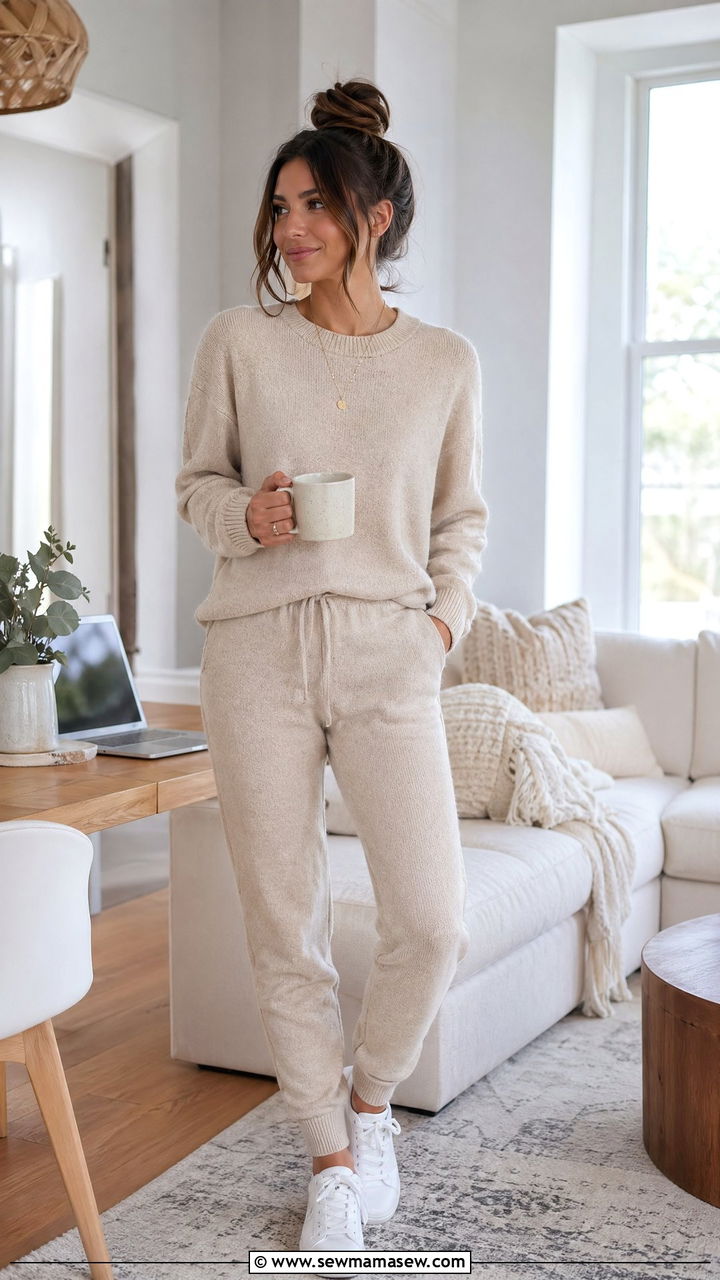 Matching knit lounge set with sneakers - 35 Work from home outfits for moms