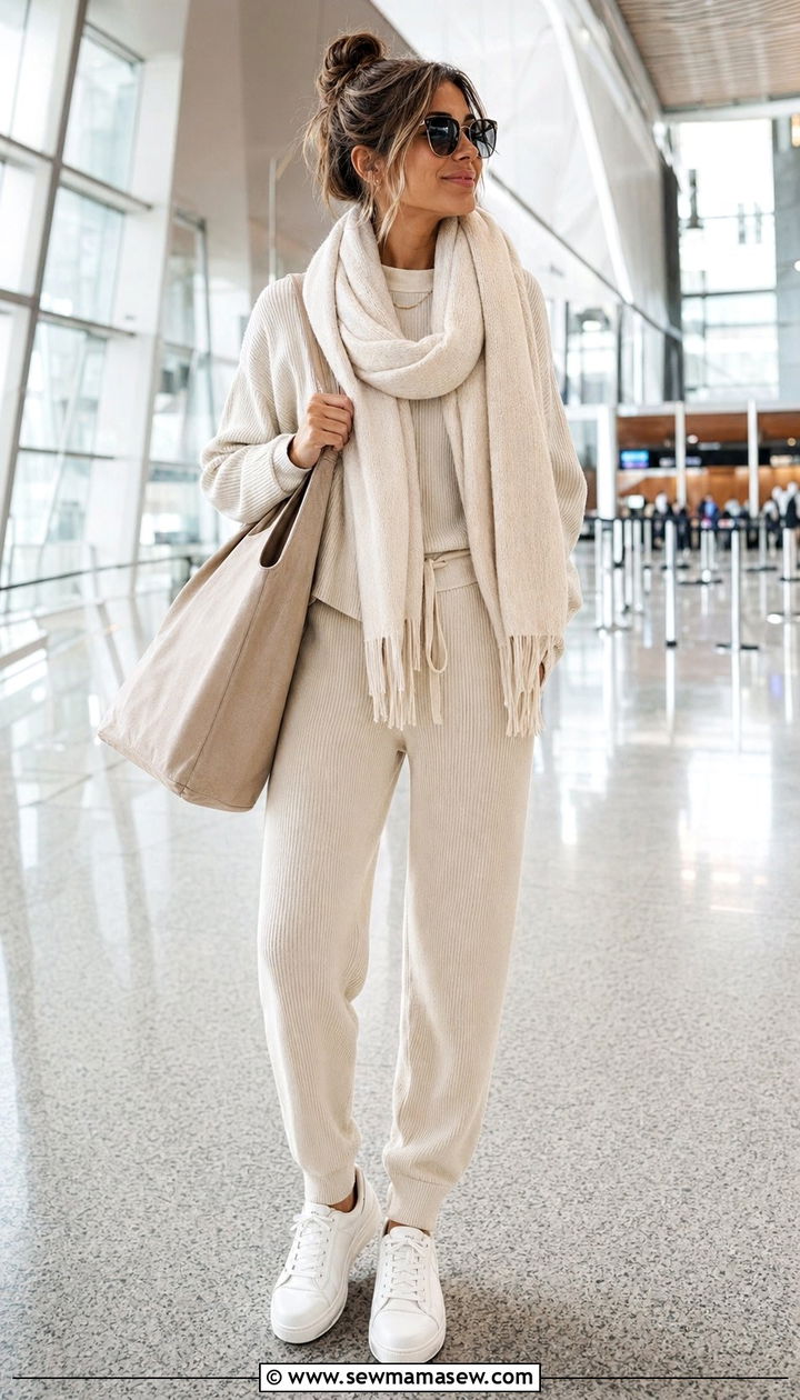 Matching knit lounge set with sneakers and a scarf - 30 Airport outfit ideas with a scarf