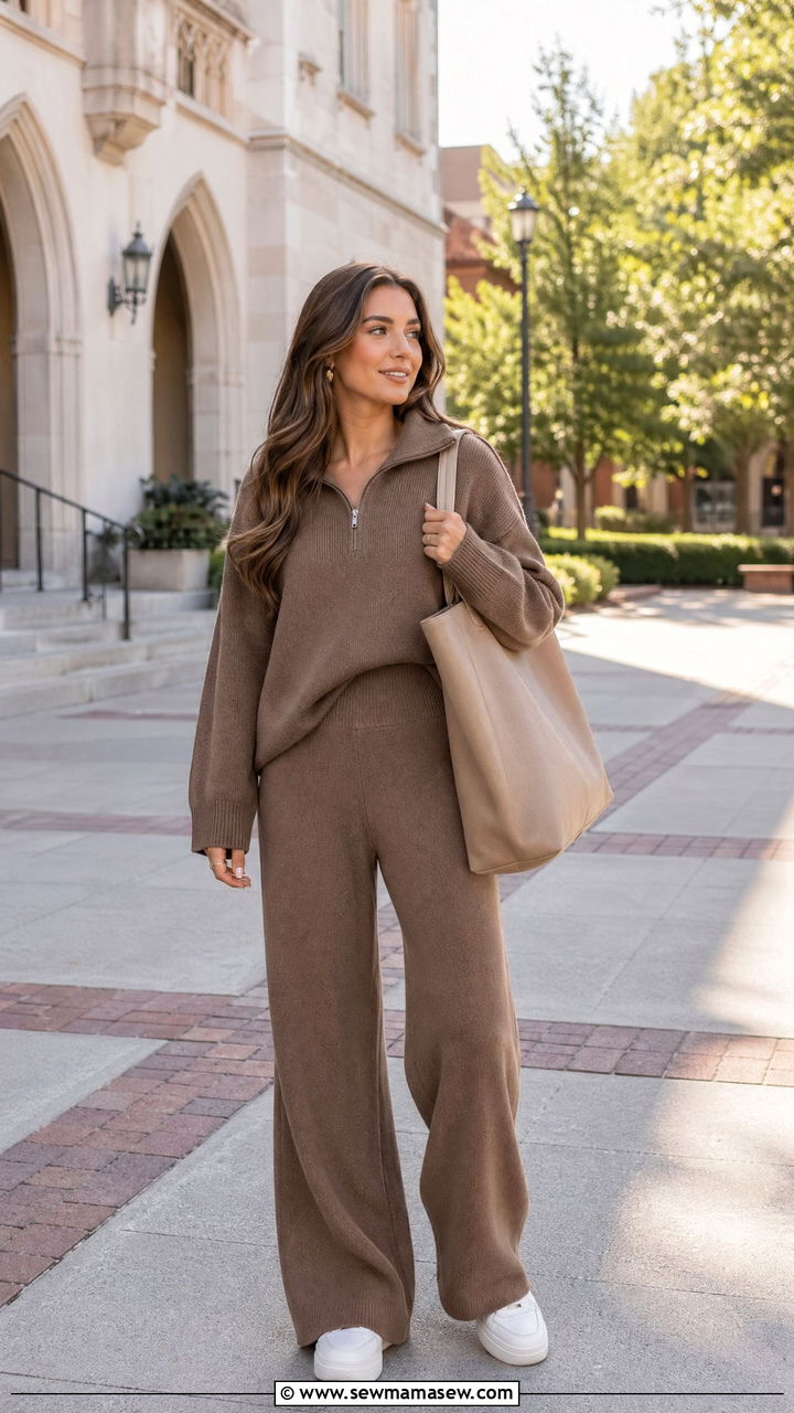 Matching knit lounge set with sneakers and oversized tote - 35 cute college outfits