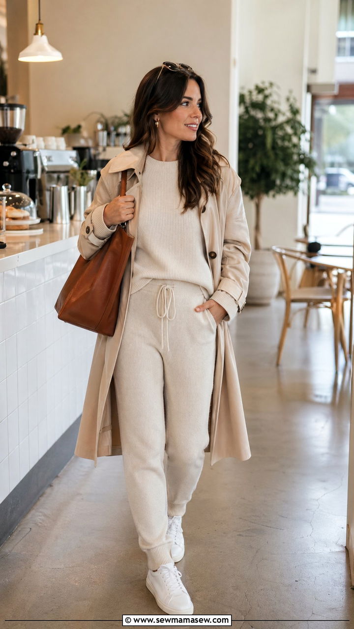 Matching knit lounge set with trench coat and sneakers - 35 transitional outfits for women