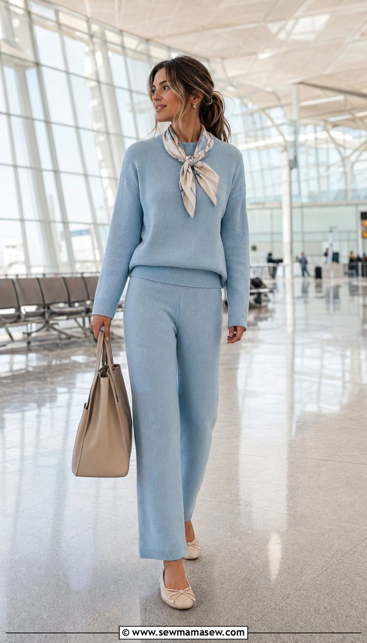 Matching knit set and ballet flats airport ensemble - 30 Airport outfit ideas Parisian