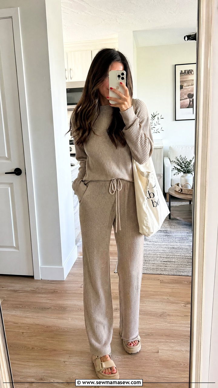 Matching lounge set with dad sandals - 35 summer outfits for moms
