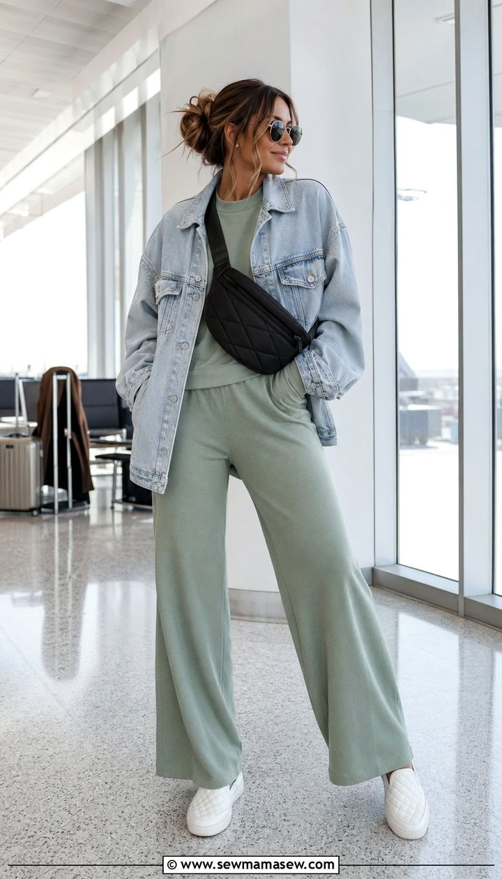 Matching lounge set with denim jacket airport look - 30 Airport outfit ideas Parisian