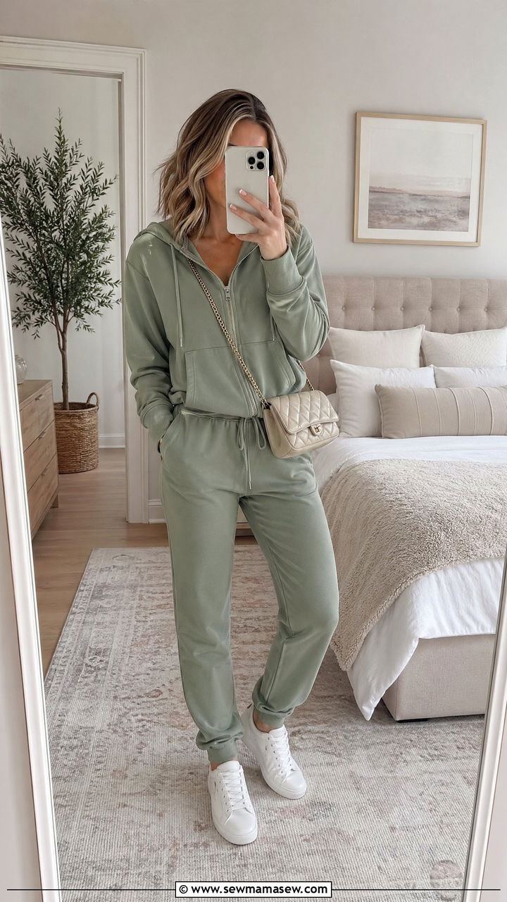 Matching lounge set with sneakers - 35 Comfy outfits for moms