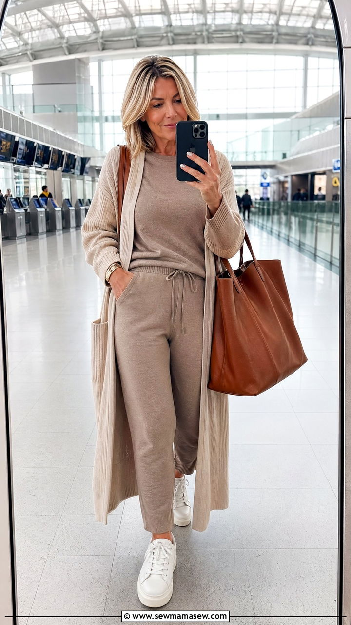 Matching lounge set with white sneakers travel outfit - 35 Travel outfit ideas for women over 40