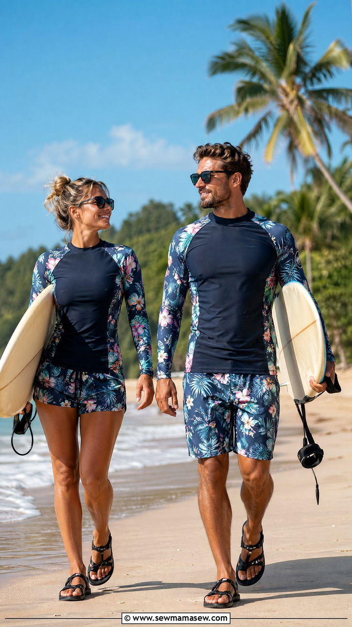 Matching rash guard and board shorts for beach - 35 Summer matching outfits for couples