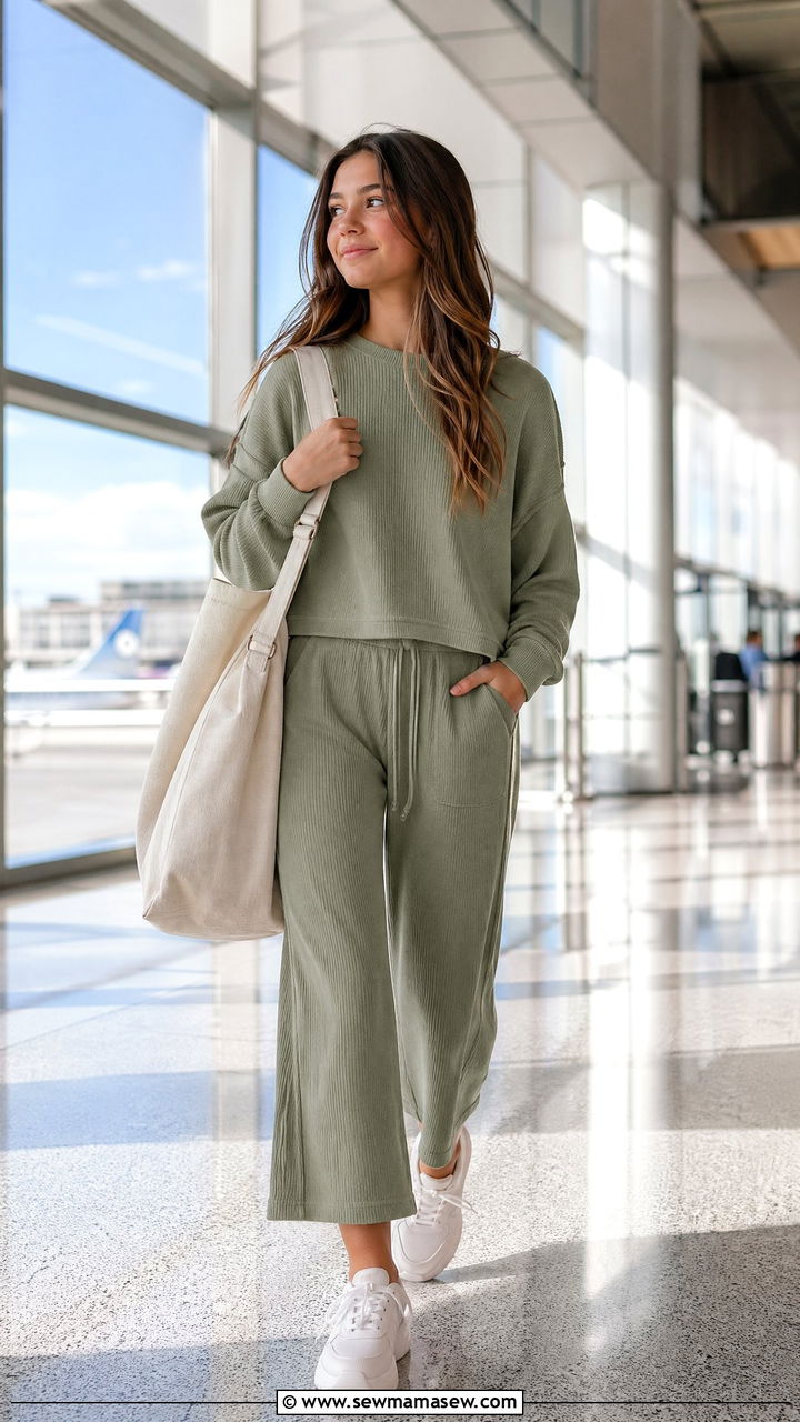 Matching ribbed knit lounge set with chunky sneakers - 35 Spring outfits for teens