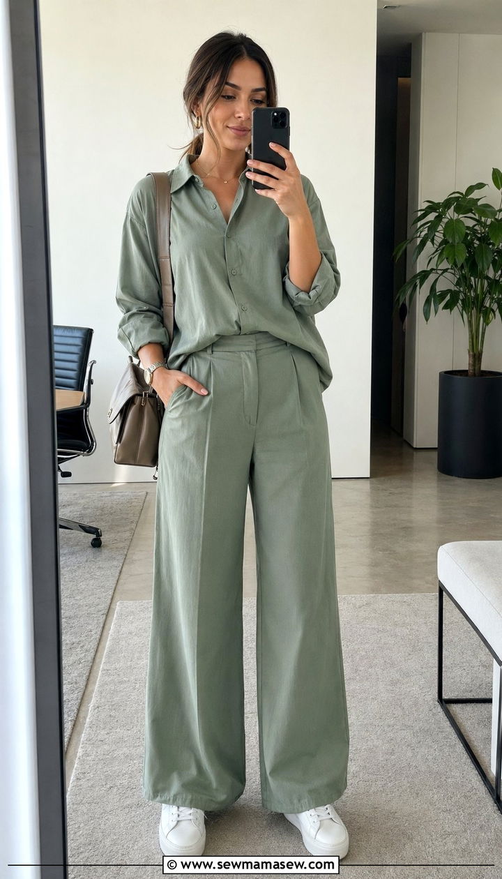 Matching shirt and trouser co ord set with minimalist sneakers - 35 Modest outfit ideas for office