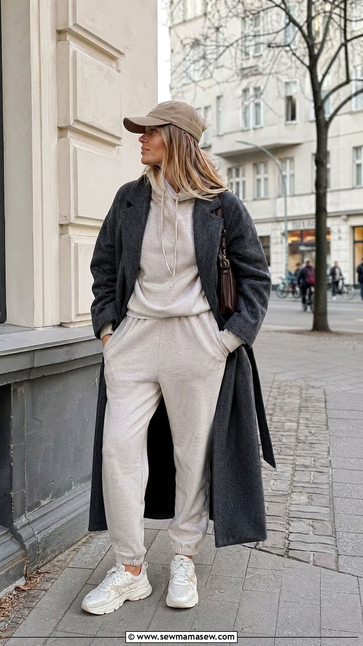 Matching sweatsuit with a long wool coat and dad sneakers - 40 What to wear in Berlin