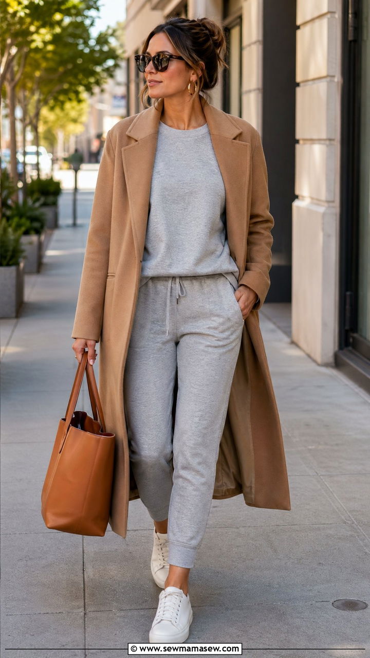 Matching sweatsuit with wool coat - 35 Chic loungewear outfit ideas