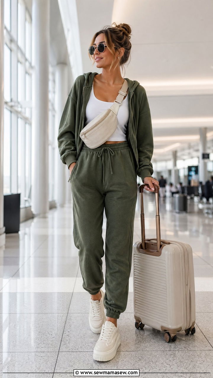 Matching travel set in neutral tones - 35 Travel outfit ideas for women over 50