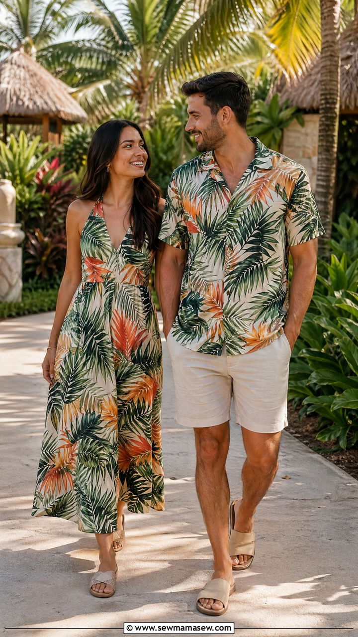 Matching tropical print shirt and dress - 35 Summer matching outfits for couples