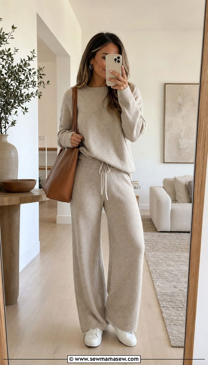 Matching two piece lounge set with sneakers - 35 Rich mom outfit ideas