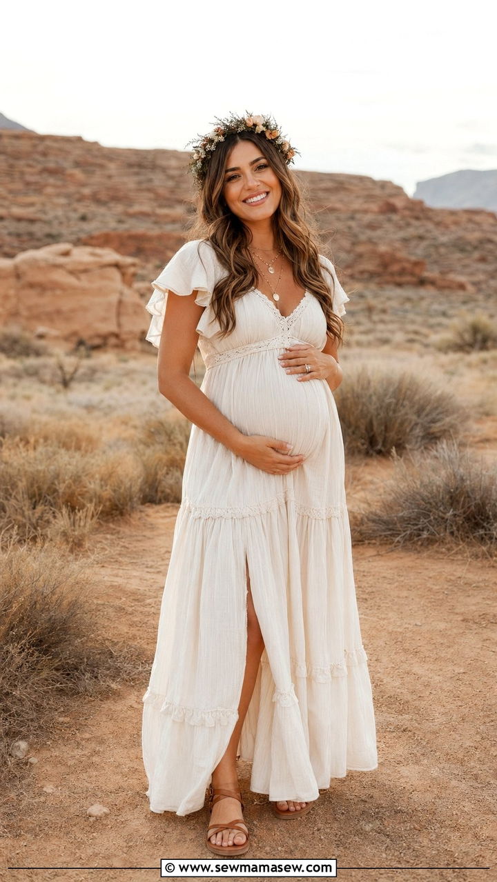 Maternity Boho Maxi Dress With Flat Sandals - 30 Baby shower outfit ideas summer