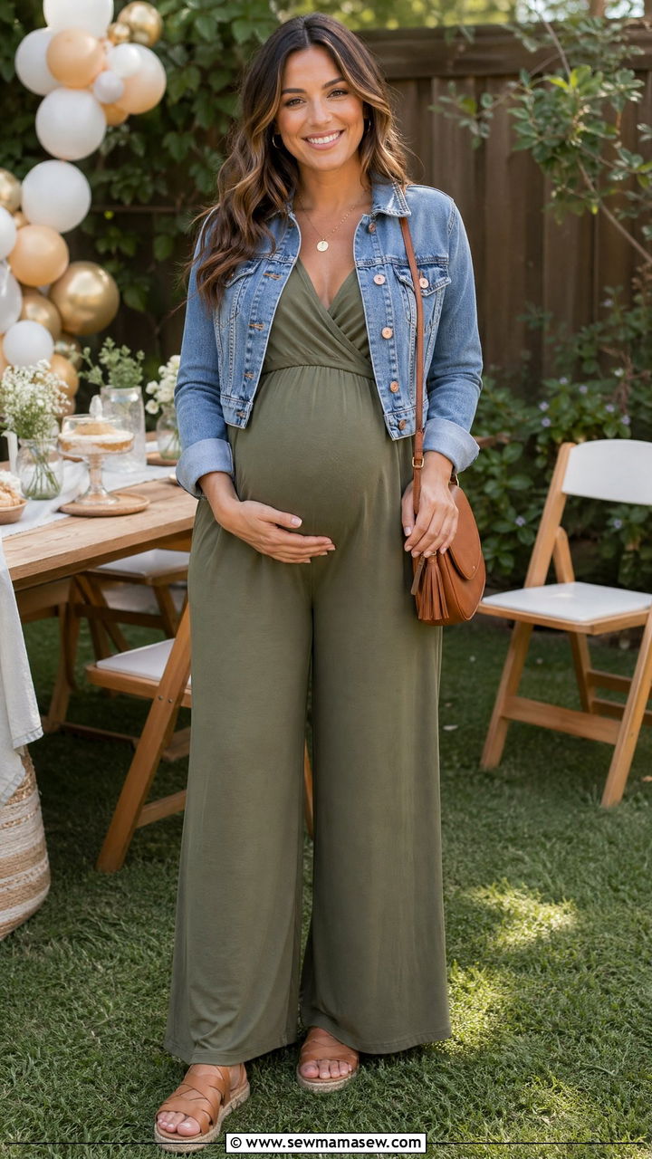 Maternity Jumpsuit with Denim Jacket - 35 cute baby shower outfits