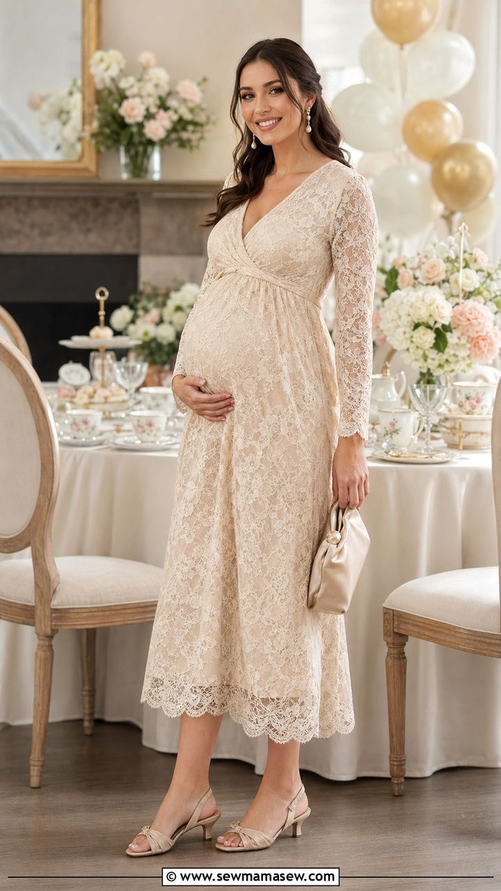 Maternity Lace Midi Dress With Low Heels - 30 Baby shower outfit ideas summer
