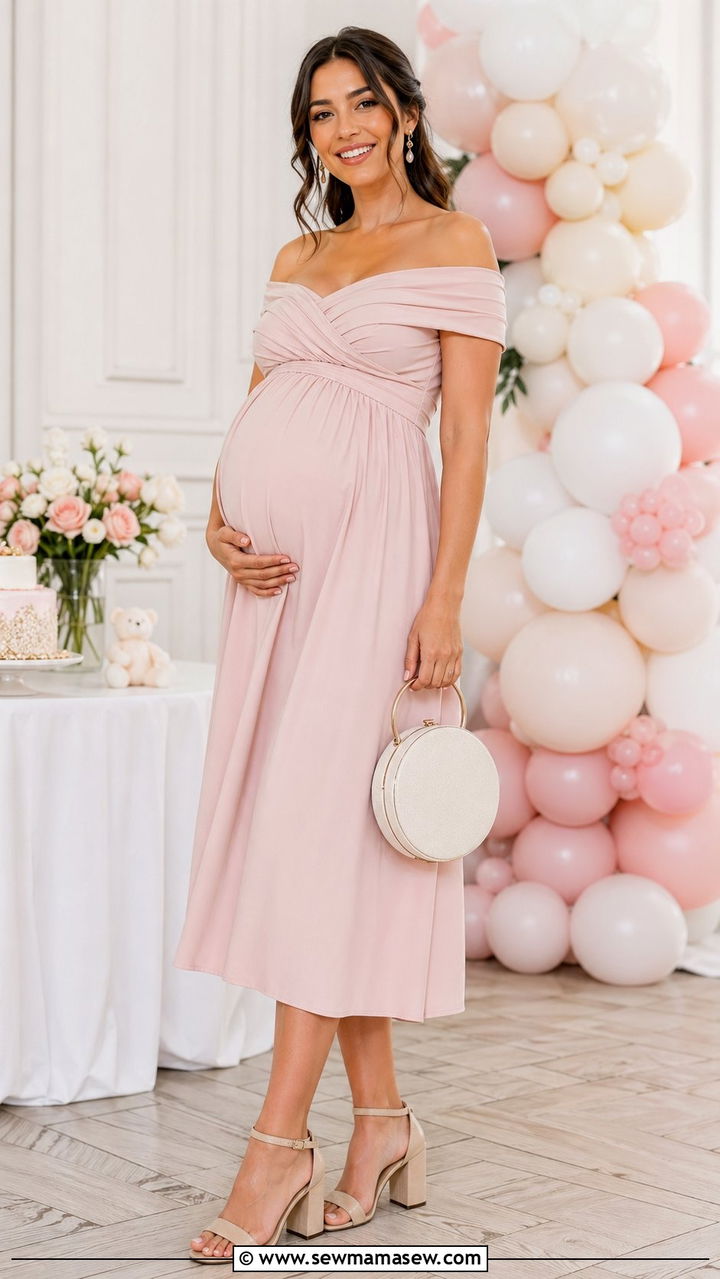 Maternity Off The Shoulder Dress With Block Heels - 30 Baby shower outfit ideas summer